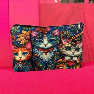 Boho Cat Print Zipper Pouch Makeup Bag – Colorful Travel Organizer 7x10.5